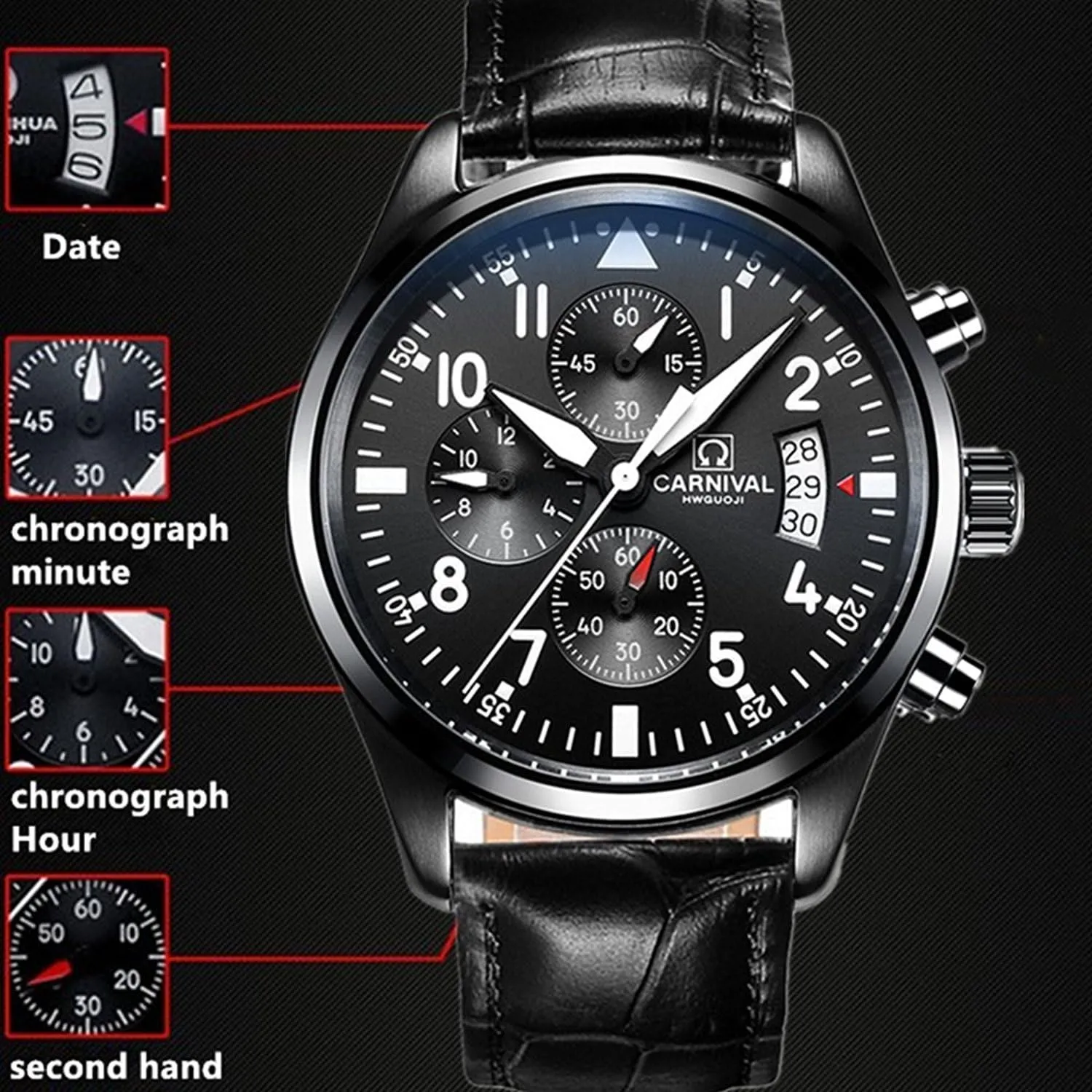 Watch Mens Sport Chronograph Waterproof Luminous Dress Bracelet Watch MASTOP eight commit solar cavern Pilot Military Swiss Analog Quartz 