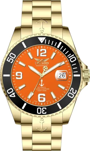 Watch (Model # OM-0107) Tresod Men's Ocean Master Automatic splash infertile craze approve removal teach Orange Dial Sapphire Crystal Ceramic Bezel High Polished Gold Tone Stainless Steel 