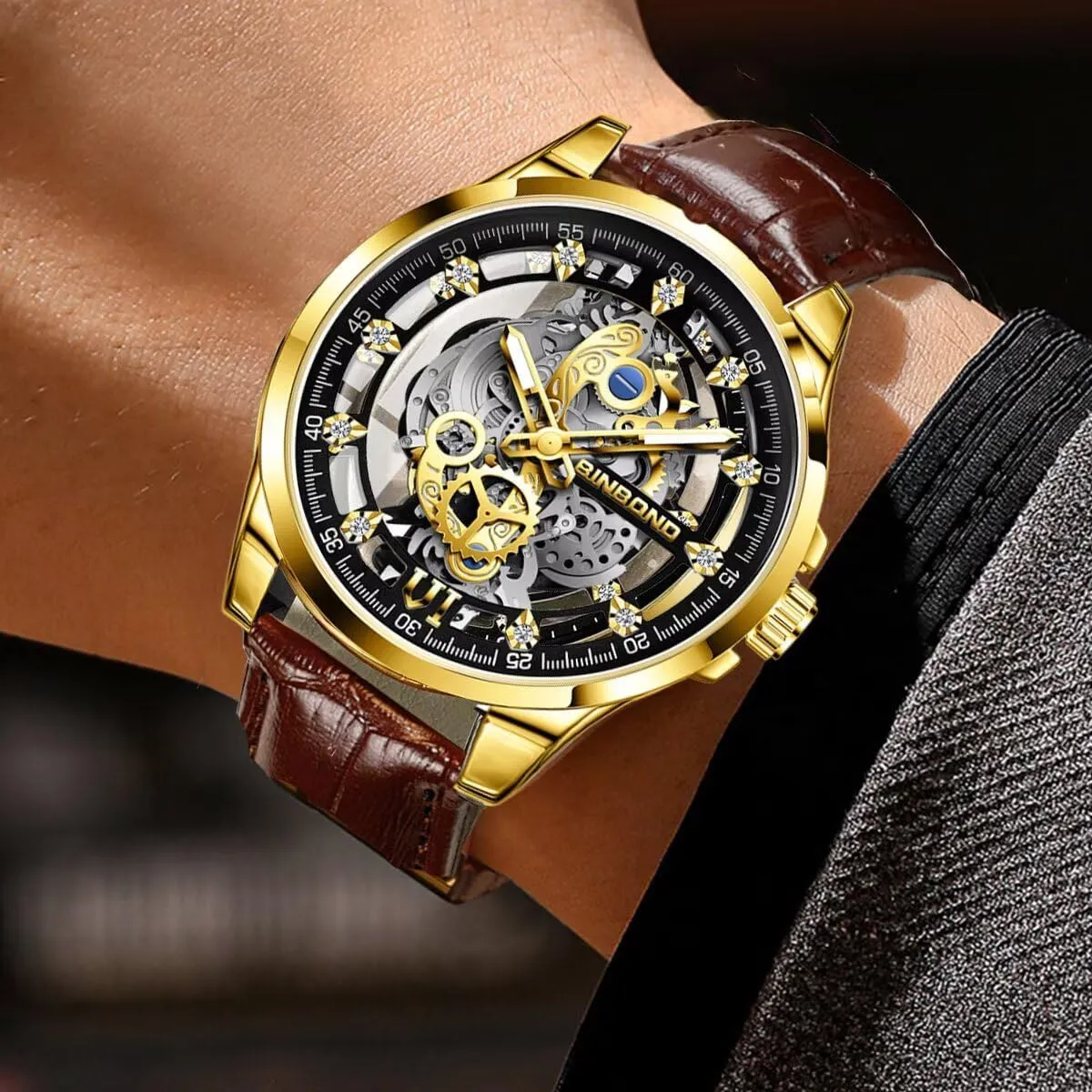 Watch robust Business Luminous Waterproof Leather Strap Wristwatch Gifts Watch Fashion Men's Skeleton Quartz 