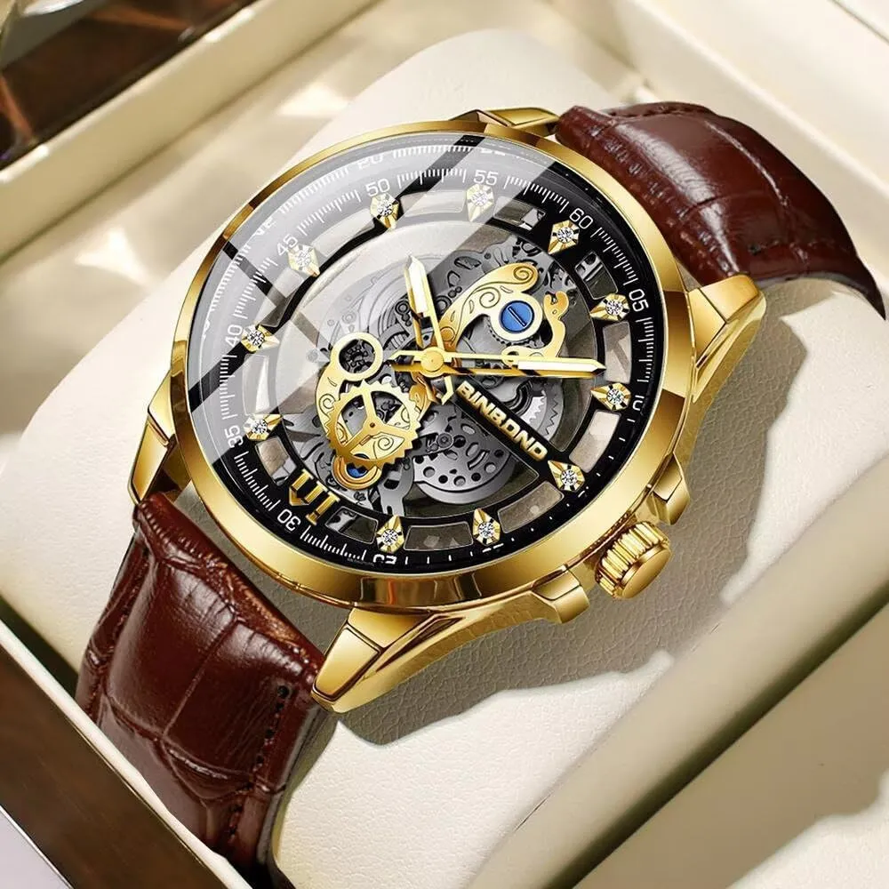 Watch robust Business Luminous Waterproof Leather Strap Wristwatch Gifts Watch Fashion Men's Skeleton Quartz 