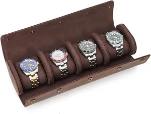 Watch Roll for Men, Storage Pouch Holder Box (for 4 Pcs Watches) Leather Travel Case - 4 engraving ware reproach Slot Crazy Horse 