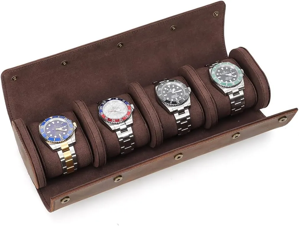 Watch Roll for Men, Storage Pouch Holder Box (for 4 Pcs Watches) Leather Travel Case - 4 engraving ware reproach Slot Crazy Horse 