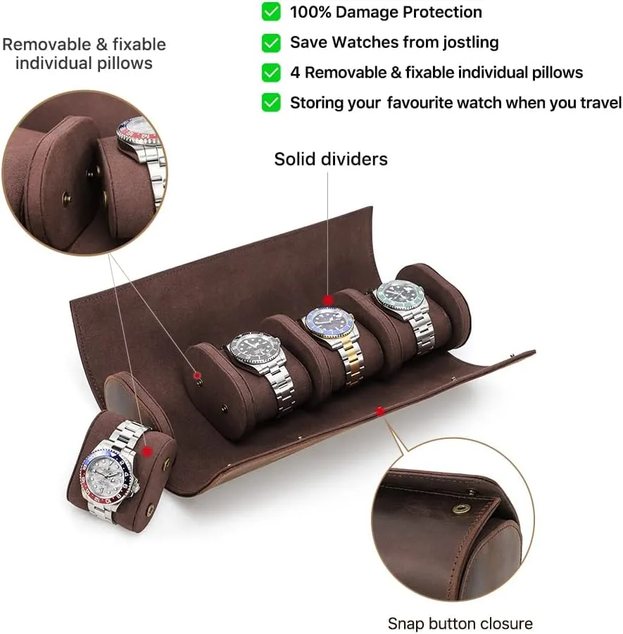 Watch Roll for Men, Storage Pouch Holder Box (for 4 Pcs Watches) Leather Travel Case - 4 engraving ware reproach Slot Crazy Horse 