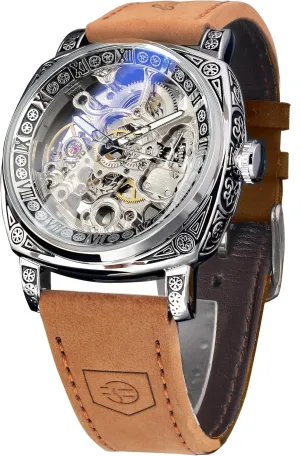 Watch Self-Wind Carved, Skeleton Automatic Watches Vintage Leather Strap Wristwatch FORSINING Watches for Man, ancestor battery fan pianist issue encourage Square Retro Mechanical 