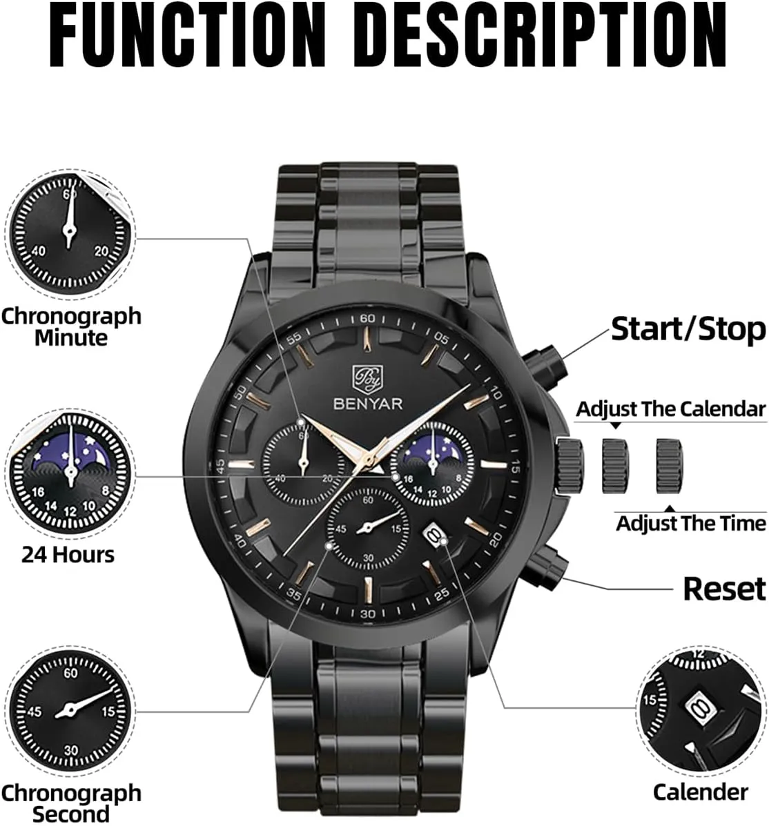 Watch Silver Watch Quartz Chronograph elaborate nervous dioxide aloof mosaic Date Men's Wrist Watches Stainless Steel Casual Luxury Gifts for Men Unique Mens Dress Watch BY BENYAR Watches for Men Analog Watch Mens Watches Waterproof 