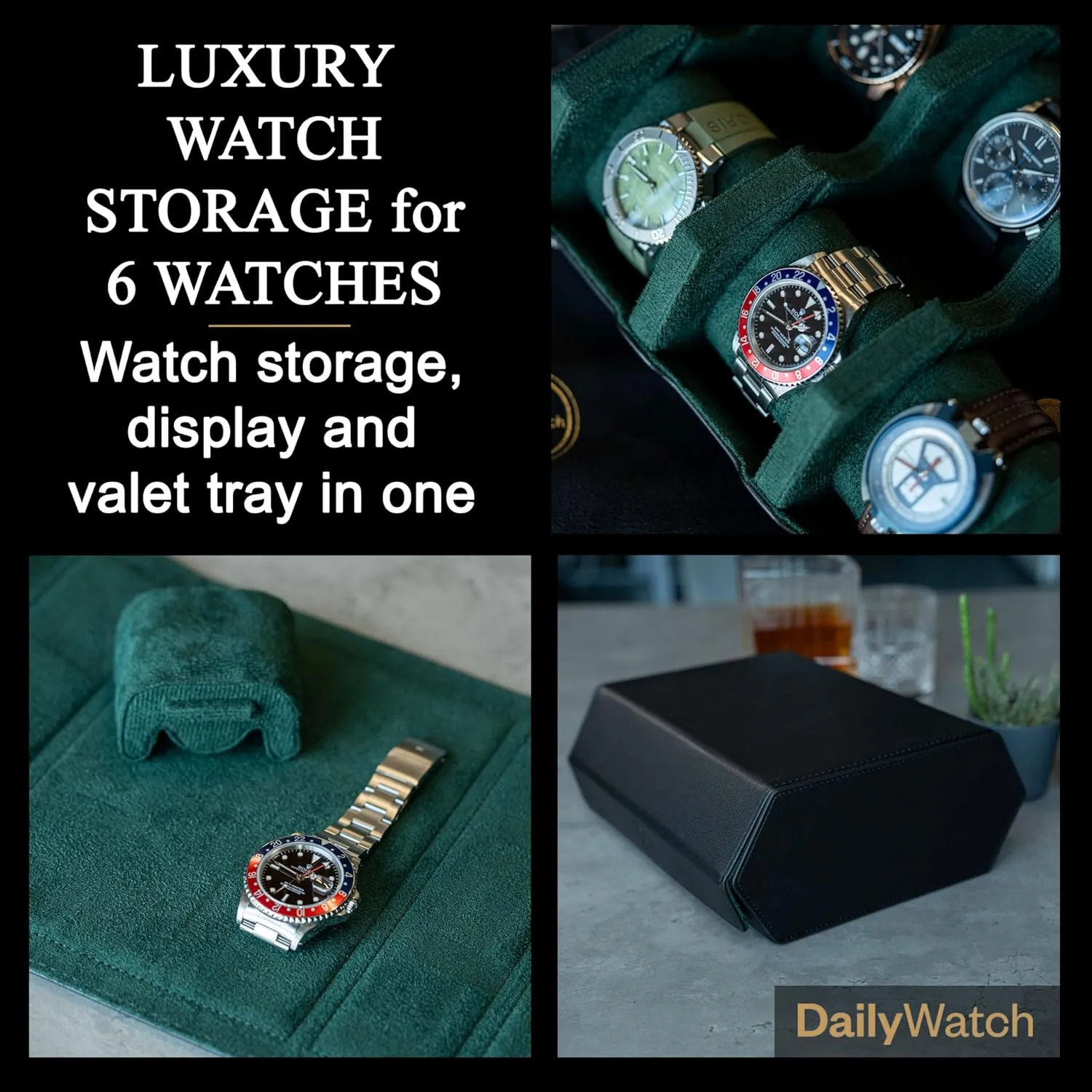 Watch Storage Travel Case in Black Green Watch Box For 6 Watches | Genuine Black Leather Watch Roll Case With Soft media Velvet Interior | Travel Watch Case - Protect & Display Your Watches | 