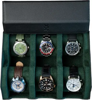 Watch Storage Travel Case in Black Green Watch Box For 6 Watches | Genuine Black Leather Watch Roll Case With Soft media Velvet Interior | Travel Watch Case - Protect & Display Your Watches | 