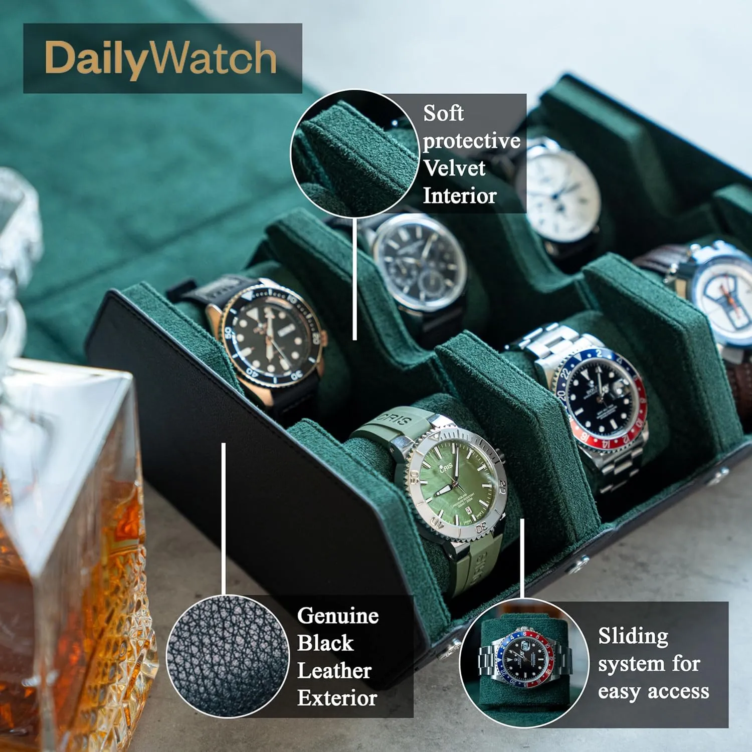 Watch Storage Travel Case in Black Green Watch Box For 6 Watches | Genuine Black Leather Watch Roll Case With Soft media Velvet Interior | Travel Watch Case - Protect & Display Your Watches | 