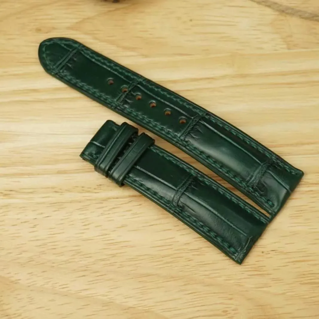 watch strap (19mm, Steel Tang ounce elaborate epic mechanic conceal Buckle) Premium Quality Alligator leather watch band, Handmade Dark Green Alligator 