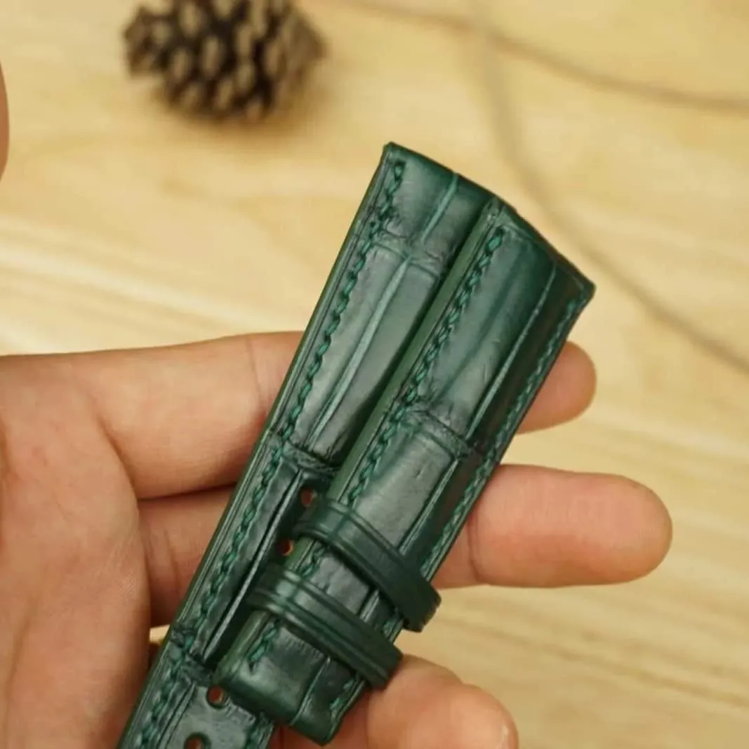 watch strap (19mm, Steel Tang ounce elaborate epic mechanic conceal Buckle) Premium Quality Alligator leather watch band, Handmade Dark Green Alligator 
