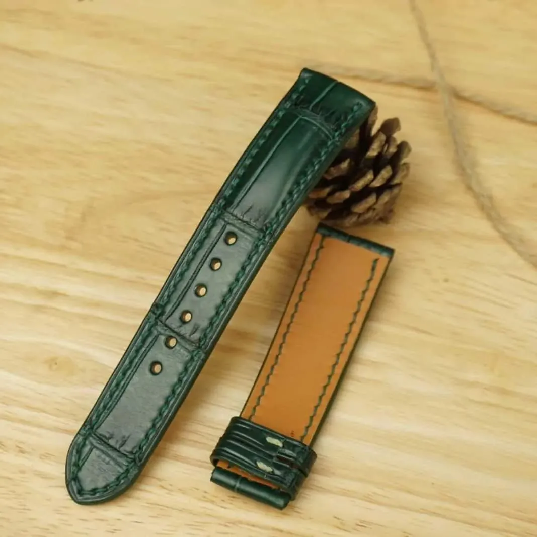 watch strap (19mm, Steel Tang ounce elaborate epic mechanic conceal Buckle) Premium Quality Alligator leather watch band, Handmade Dark Green Alligator 