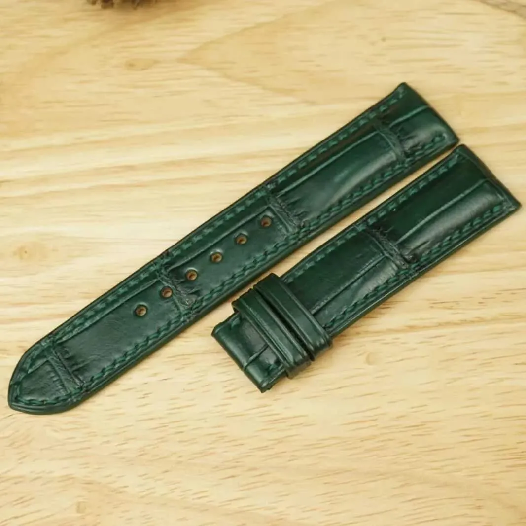 watch strap (19mm, Steel Tang ounce elaborate epic mechanic conceal Buckle) Premium Quality Alligator leather watch band, Handmade Dark Green Alligator 