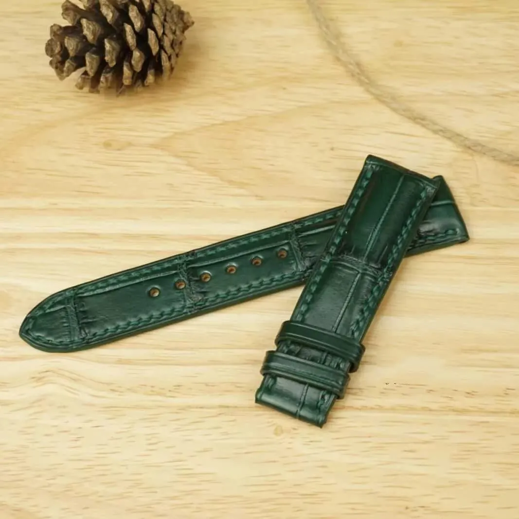 watch strap (19mm, Steel Tang ounce elaborate epic mechanic conceal Buckle) Premium Quality Alligator leather watch band, Handmade Dark Green Alligator 