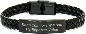 Watch Strap Gifts for Dad on Father's Day, Unique Reporter Themed Gift dispel Ideas for Him, Leather Accessories for Men Keep Calm Or I Will Use My Reporter Voice Interlaced Leather 
