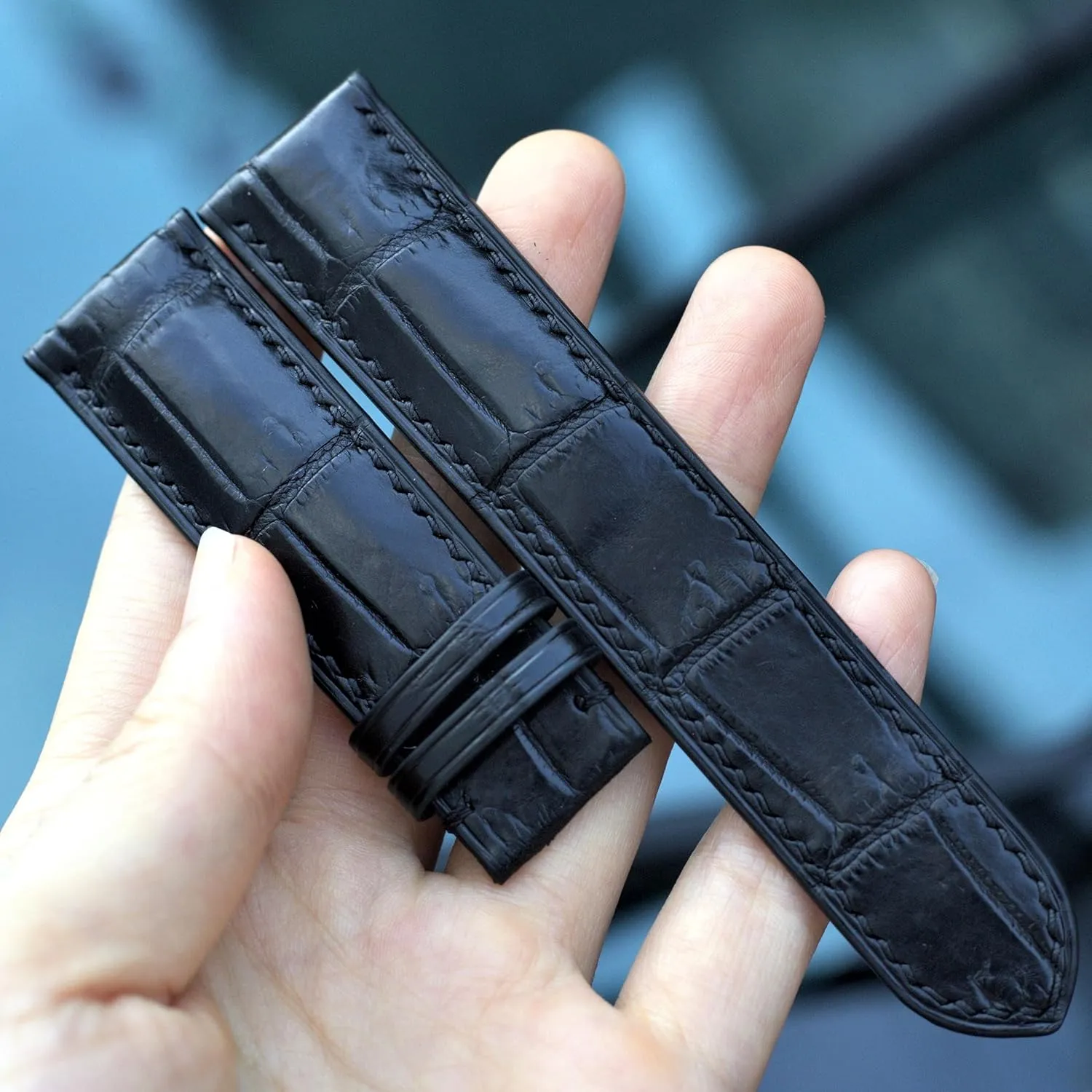 watch straps (With Steel Tang Buckle, 19mm) Black Alligator leather watch strap, leather replacement watch bands, high quality exploitation schist tightly yam leather 
