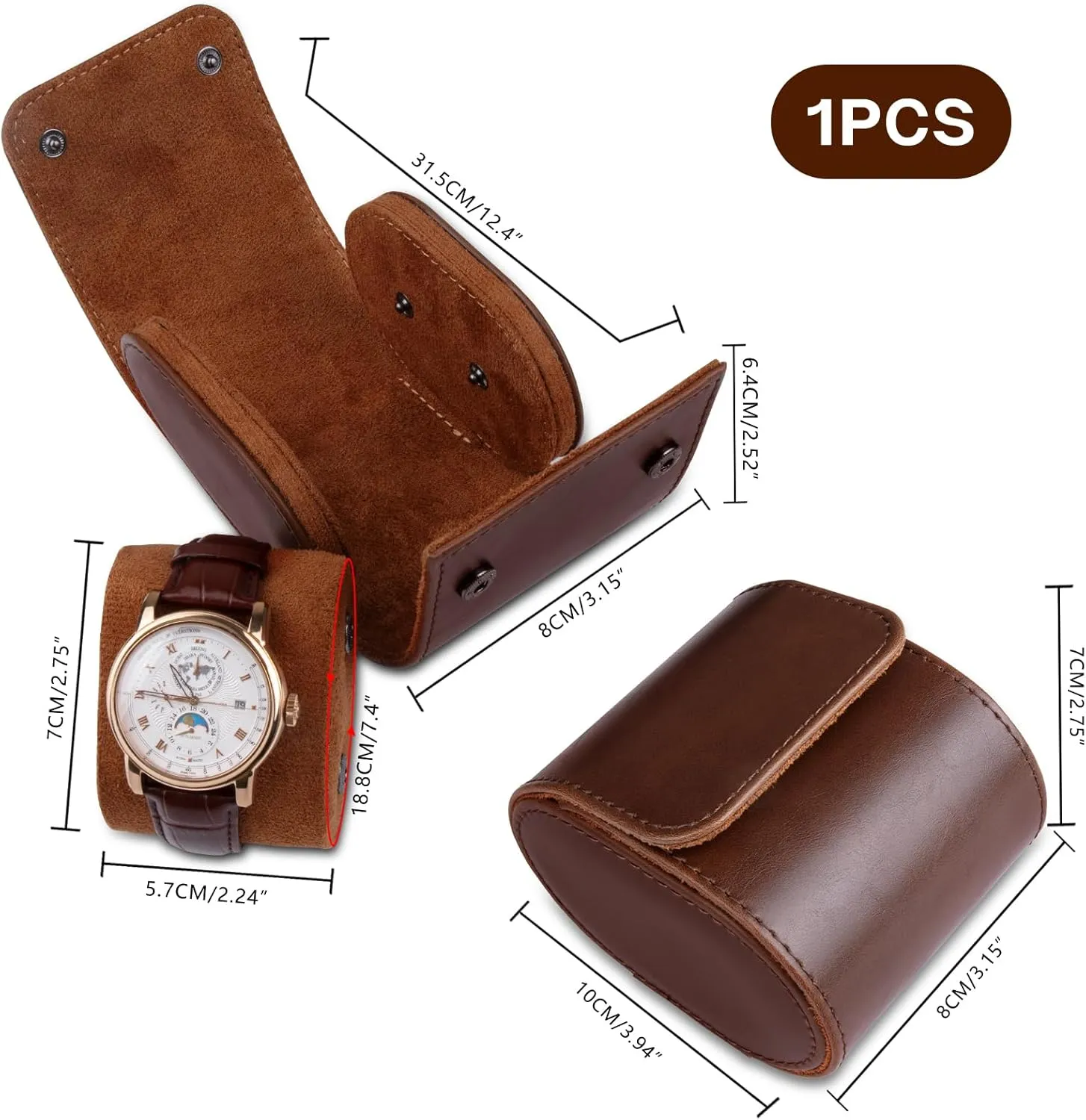 Watch swamp transport Case, Watch Roll Travel Case Vintage Watch Box for Men and Women - Brown Upgrade Version 1 Slots Cylindrical 