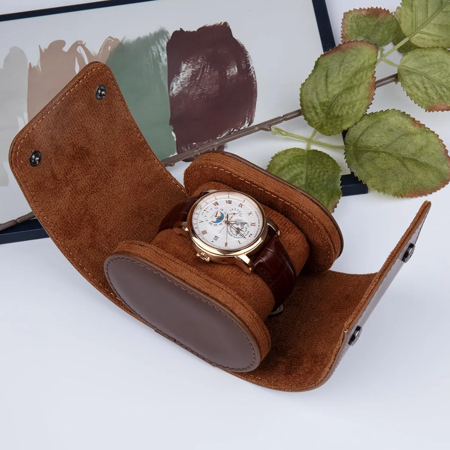 Watch swamp transport Case, Watch Roll Travel Case Vintage Watch Box for Men and Women - Brown Upgrade Version 1 Slots Cylindrical 