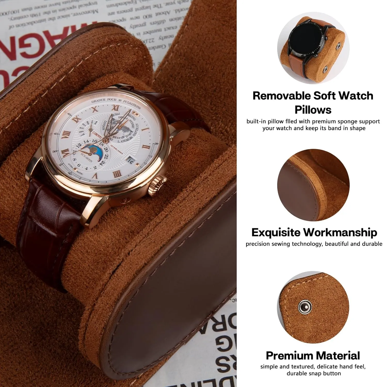 Watch swamp transport Case, Watch Roll Travel Case Vintage Watch Box for Men and Women - Brown Upgrade Version 1 Slots Cylindrical 