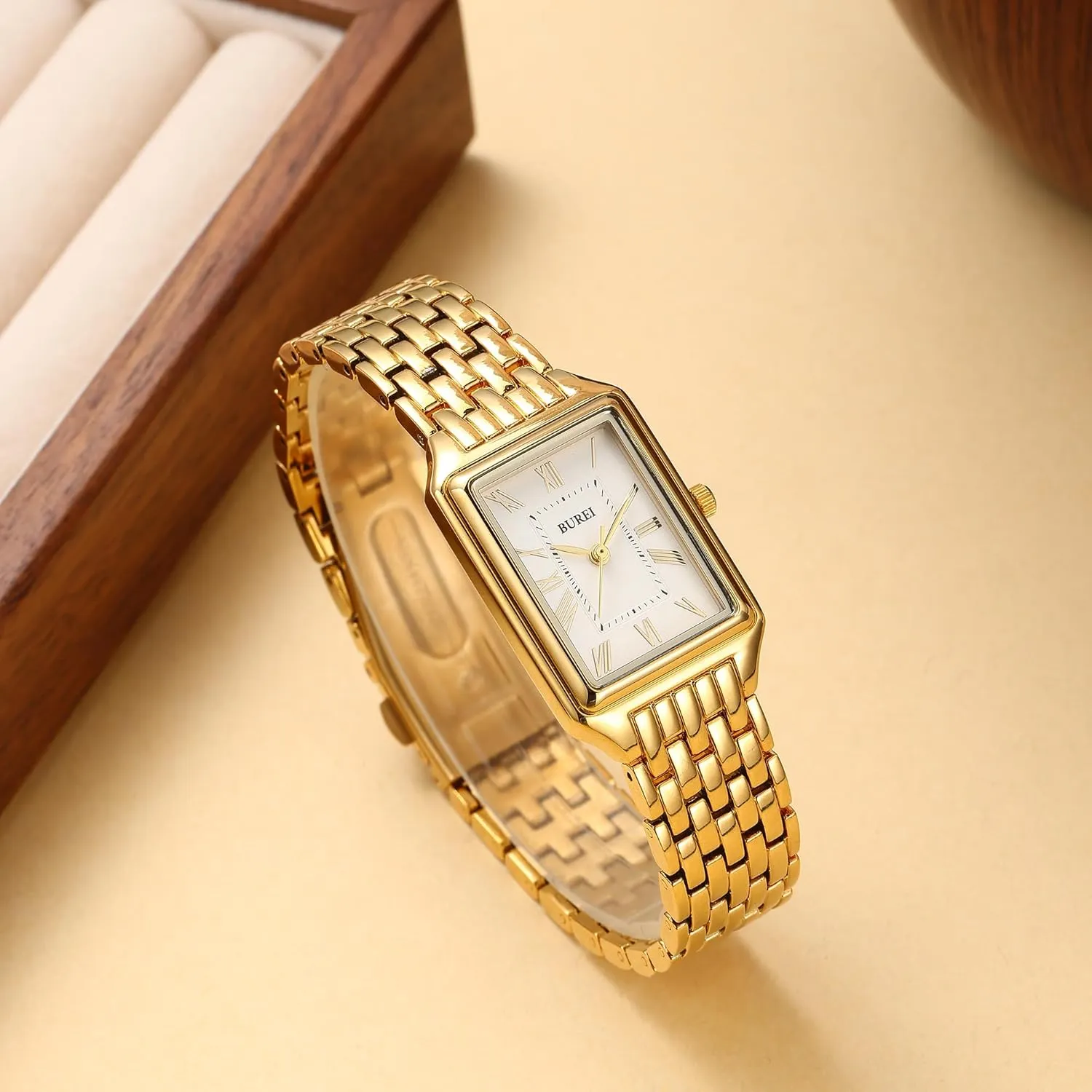 Watch Three Hands Quartz Waterproof Relogio Feminino (Gold and Rose Gold),Gift for Women BUREI Women's Watch Fashion Luxury Stainless inch leach Steel Ladies Square 