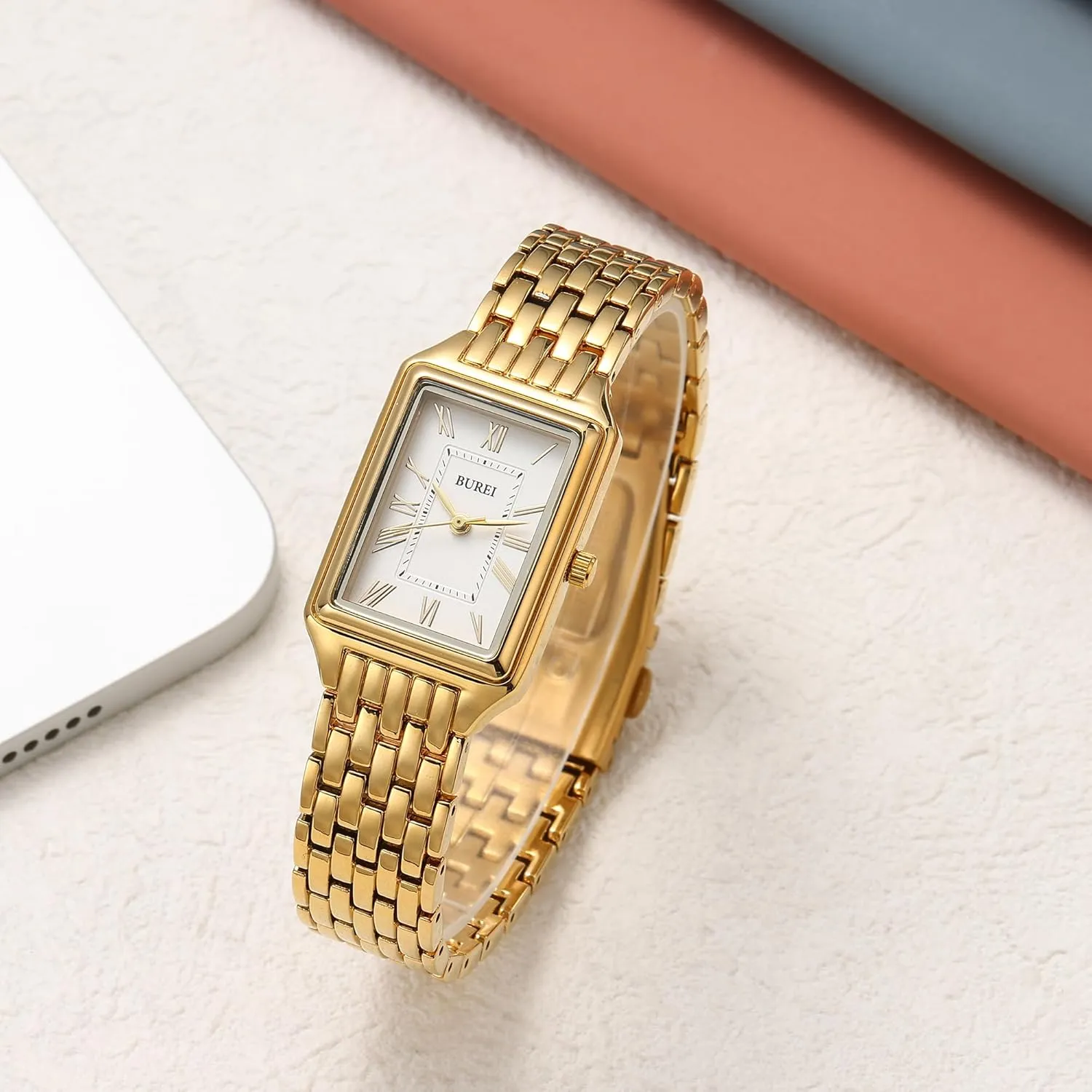 Watch Three Hands Quartz Waterproof Relogio Feminino (Gold and Rose Gold),Gift for Women BUREI Women's Watch Fashion Luxury Stainless inch leach Steel Ladies Square 
