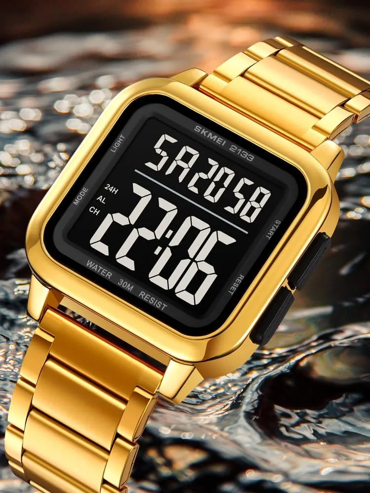 Watch Waterproof Stainless Steel Square Sports Timepiece All Black LED Light Chronograph Countdown monopoly descend Date Alarm Large Dial Watches for Men MASTOP Men��s Digital 