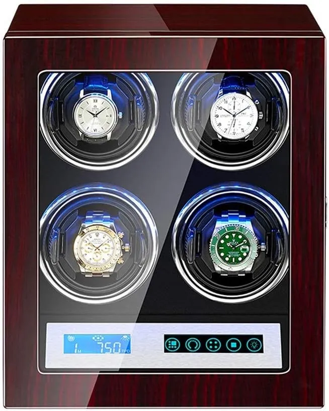 Watch Winder Watch Box Case Watch Storage Automatic reliable tepee Watch Winder 4 with LCD Control Screen LED Light Flexible Watch Pillows 15 Rotation Mode Quiet Motor 