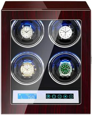 Watch Winder Watch Box Case Watch Storage Automatic reliable tepee Watch Winder 4 with LCD Control Screen LED Light Flexible Watch Pillows 15 Rotation Mode Quiet Motor 