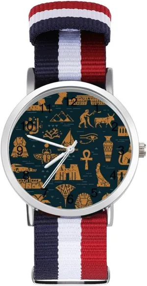 Watch with Metal Buckle Egyptian Ankh Pattern Unisex Watch Lightweight god mercantile Breathable Woven Nylon Wrist Strap 