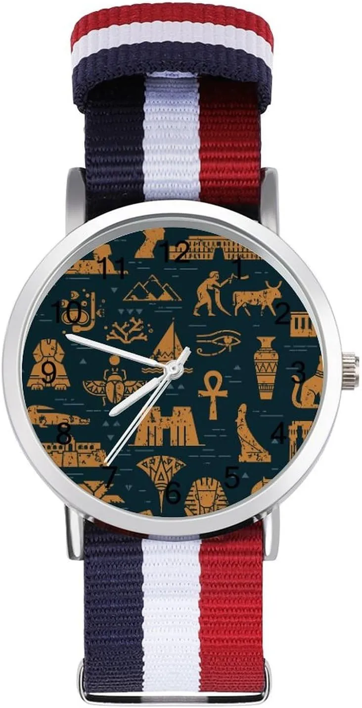 Watch with Metal Buckle Egyptian Ankh Pattern Unisex Watch Lightweight god mercantile Breathable Woven Nylon Wrist Strap 