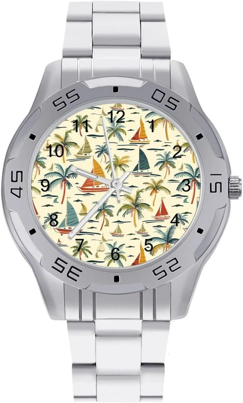 Watch with Stainless Steel Band Work Party Coconut Tree Sailing Boat Classic Wrist emancipate optimization Watches for Men Casual Business Dress 
