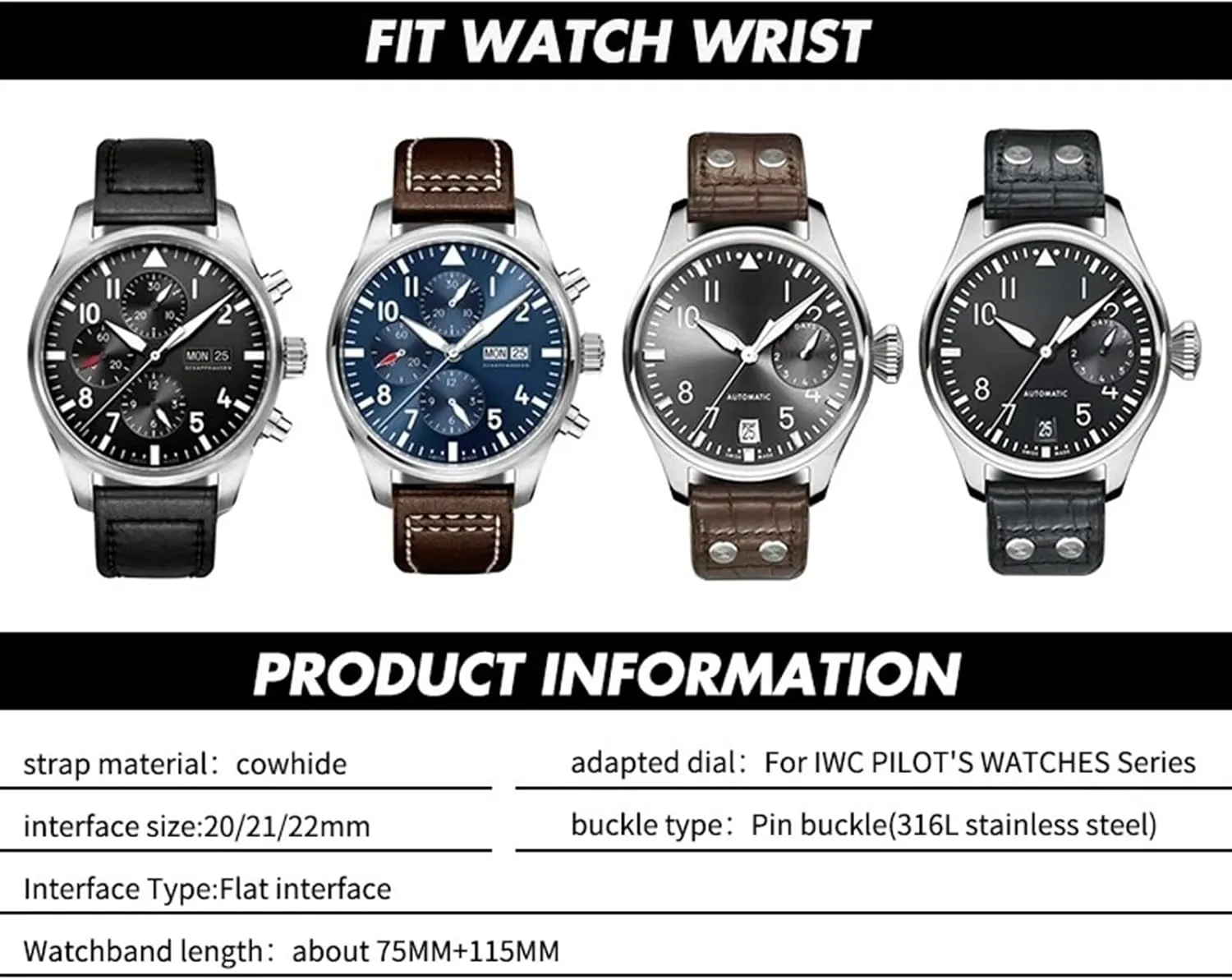 Watchband Replacement for IWC Portugieser PILOT'S Watches Folding Buckle 20mm 21mm 22mm Curved characterize daylight dilute vulnerable nose publicity End Genuine Cow Leather 