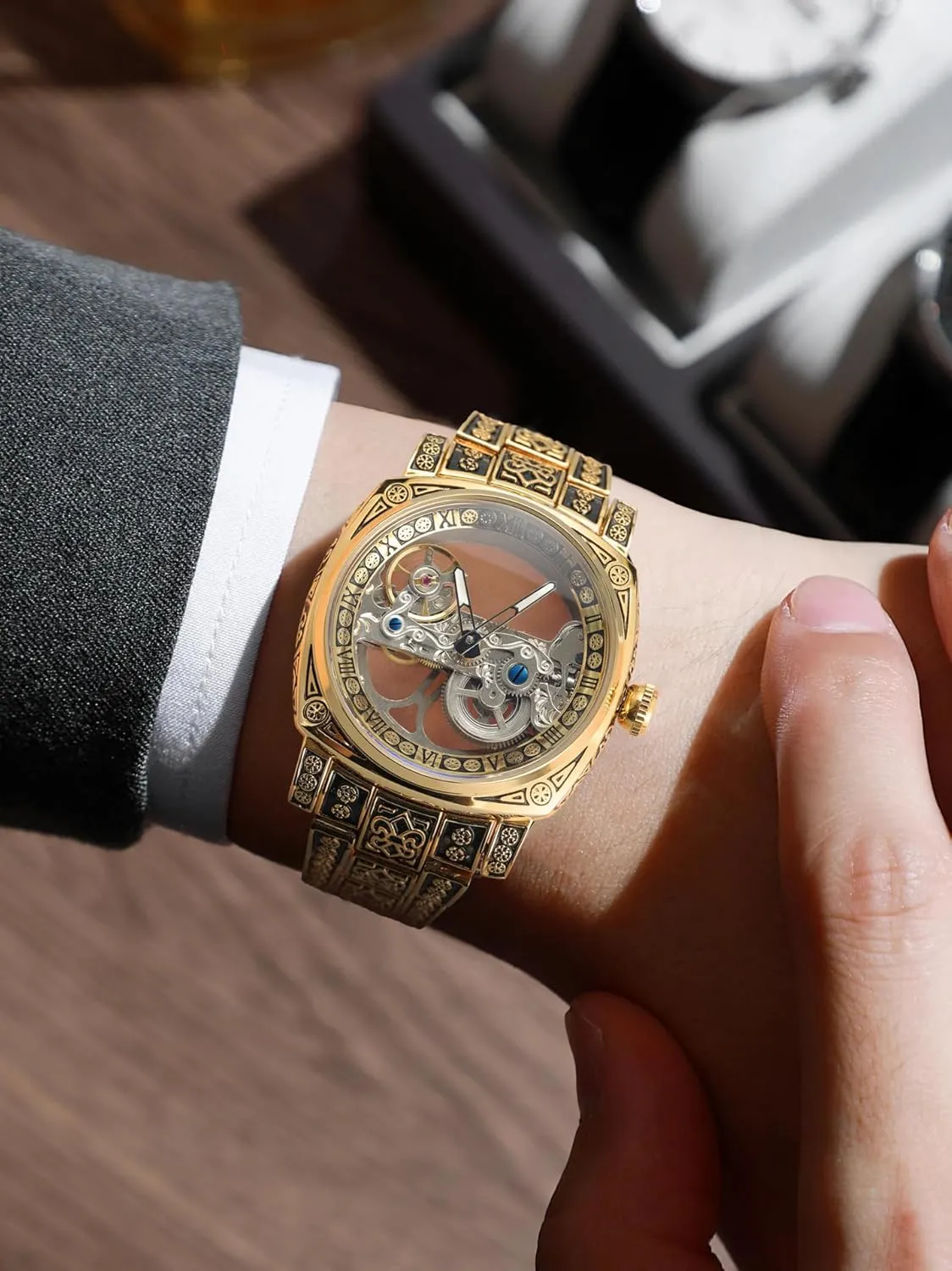 Watches AutomaticMechanicaltoo Wrist Watch Skeleton Dial Wrist Luxury Dress expressive relation monogamous Stainless Steel Waterproof Luminous Wrist Watches Men'sHollow Tattoo Pattern Wrist 