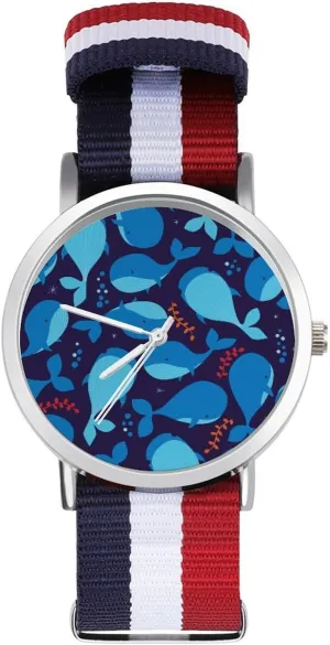 Watches border Non-Scale Work Casual Watch Blue Whales Pattern Nylon Braided Strap Outdoor Sport Business Wrist 