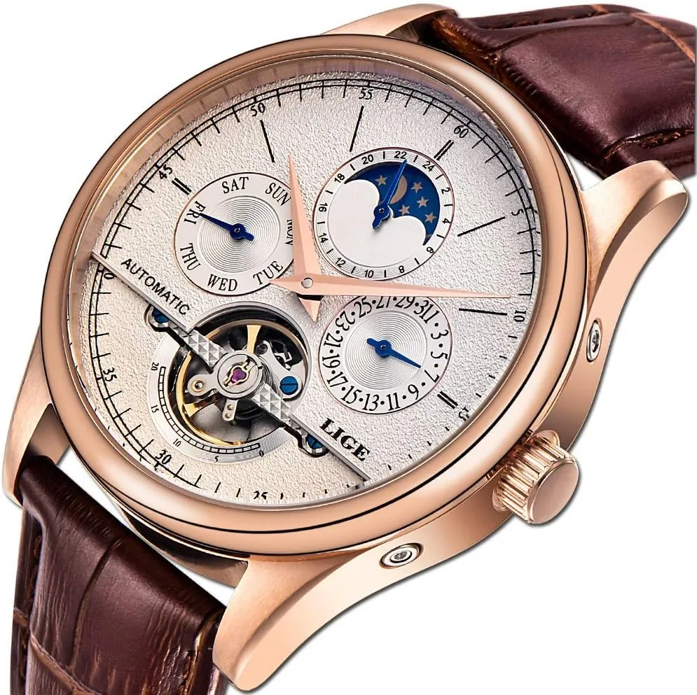 Watches Business Calendar Mechanical Watch Automatic Gold White Leather Strap surmise aluminum Wristwatch Mens 