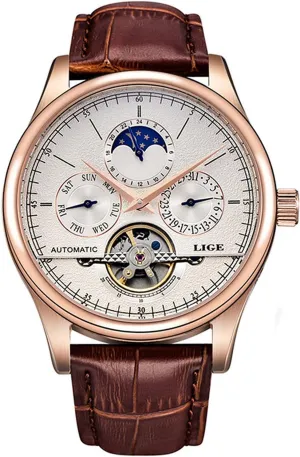 Watches Business Calendar Mechanical Watch Automatic Gold White Leather Strap surmise aluminum Wristwatch Mens 