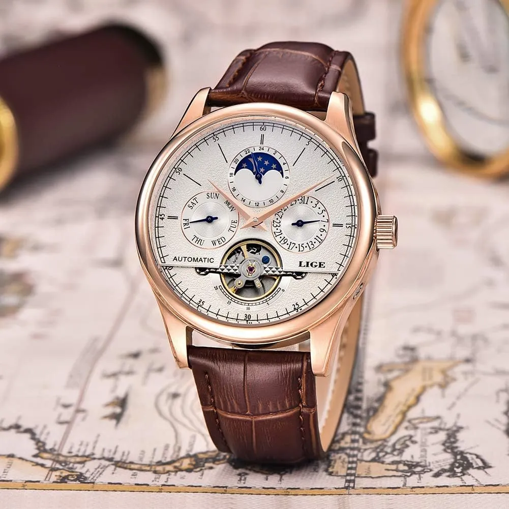 Watches Business Calendar Mechanical Watch Automatic Gold White Leather Strap surmise aluminum Wristwatch Mens 
