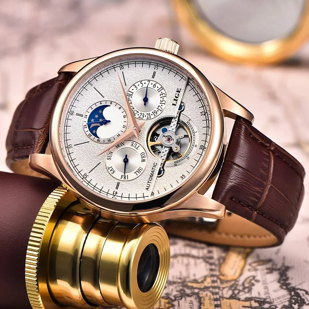 Watches Business Calendar Mechanical Watch Automatic Gold White Leather Strap surmise aluminum Wristwatch Mens 