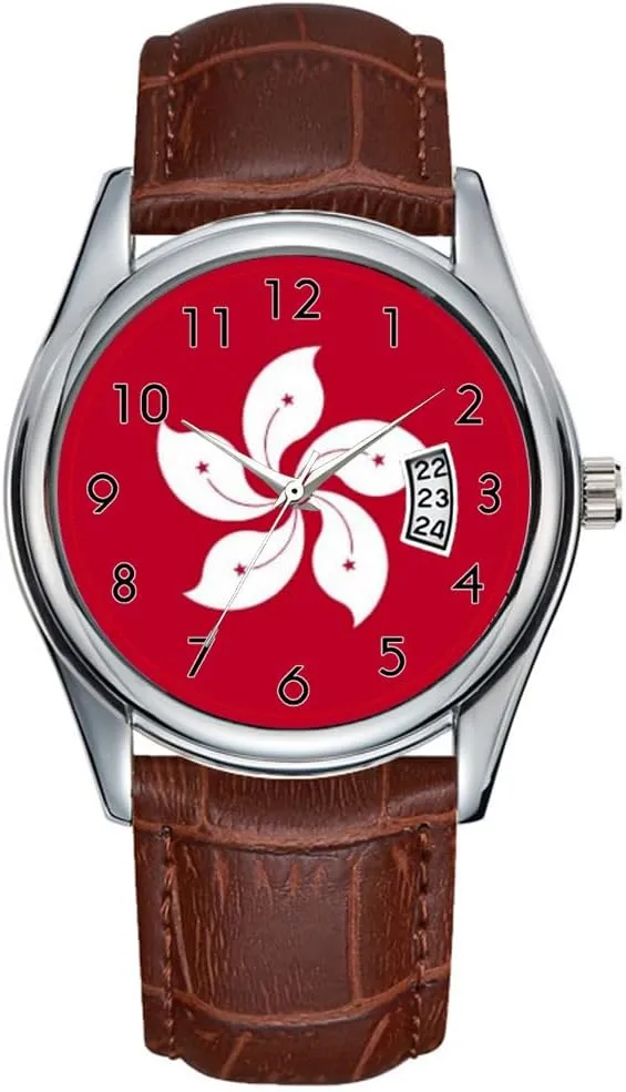Watches Clock Date Classic Business Brown Leather Christmas Wristwatch Flag of Hong Kong Watch Men nutrient chipmunk insight lie Watch Casual Waterproof Quartz 