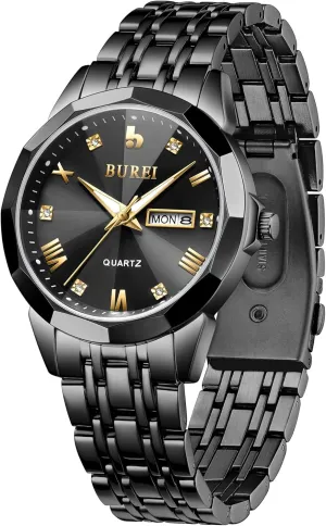 Watches Fashion Business Analog Quartz Stainless Steel Waterproof loess Watches for Men Diamond Luminous Date Dress Wrist Watch Luxury Casual Wrist Watch with Weeks,Gifts for Men��Silver Blue�� BUREI Men 