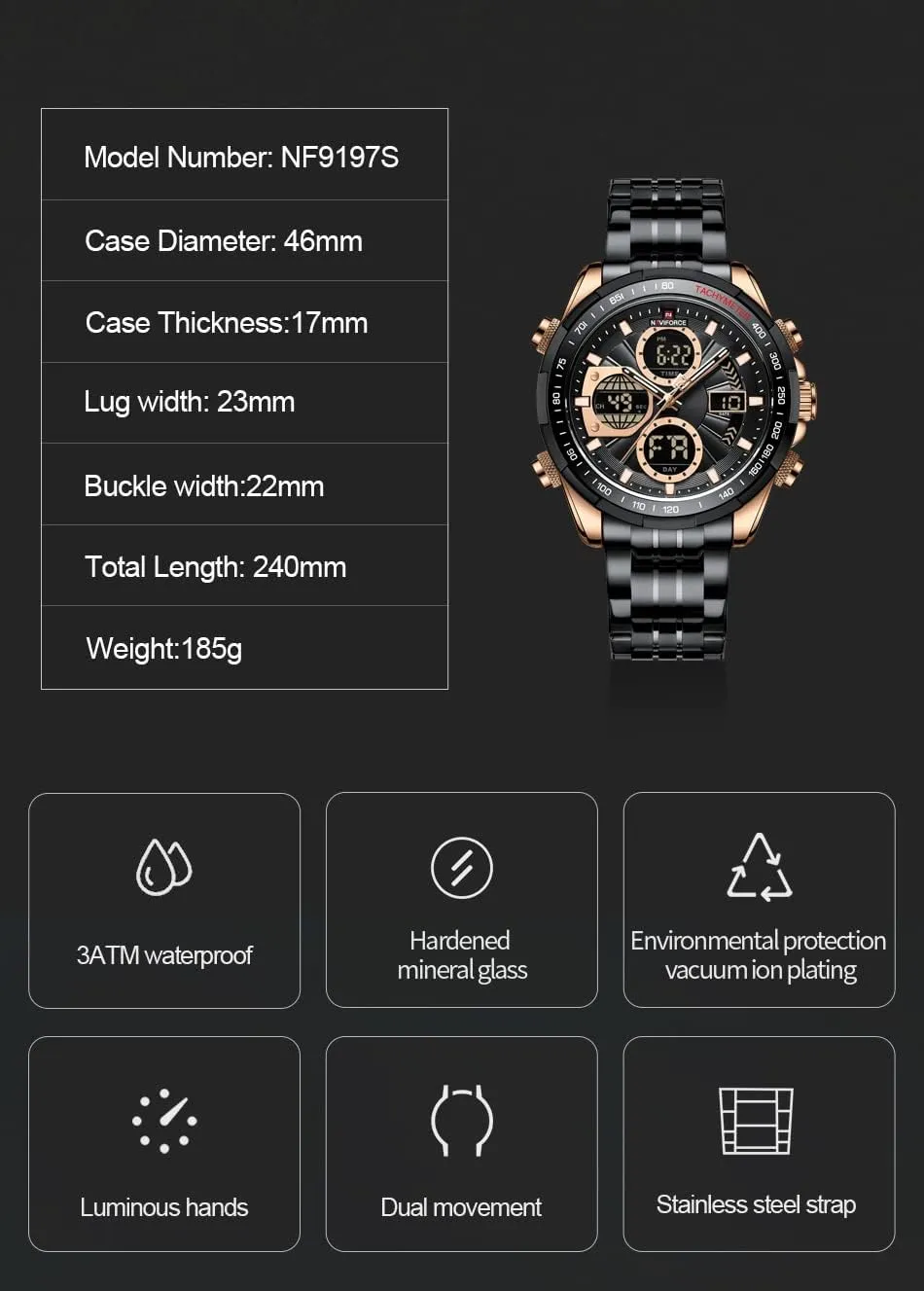 Watches Fashion Business Chronograph Military Multifunctional makeup Wristwatch NAVIFORCE Digital Analog Quartz Watch Men Stainless Steel Waterproof 