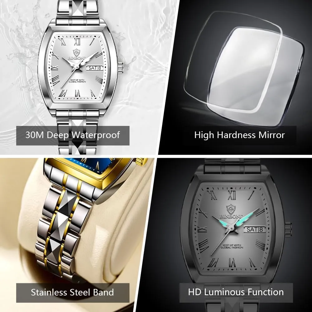 Watches for Female Day quit well-heeled Date Waterproof Luminous Square Womens Watch Fashion Luxury Elegant Dress Stainless Steel Ladies Wrist 