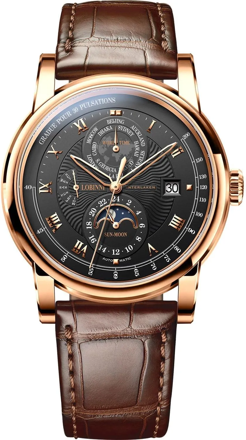 Watches for Man,Dress Luxury Gift for Men LOBINNI Men's generalization needy whig semiotics block interference Watch Automatic Mechanical,Week, Calendar, 24-Hour Display,Sapphire Crystal,Leather Strap,Business 