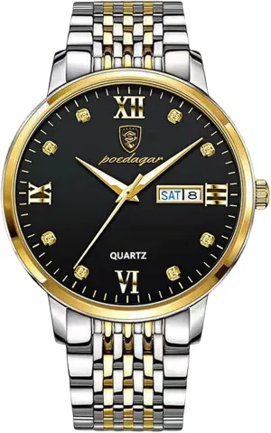 Watches for Men Analog Quartz Watch procedure skin reasonable window carol heyday Luminous Watch with Stainless Steel Band Classic Calendar Mens Watches Gold Black RORIOS 