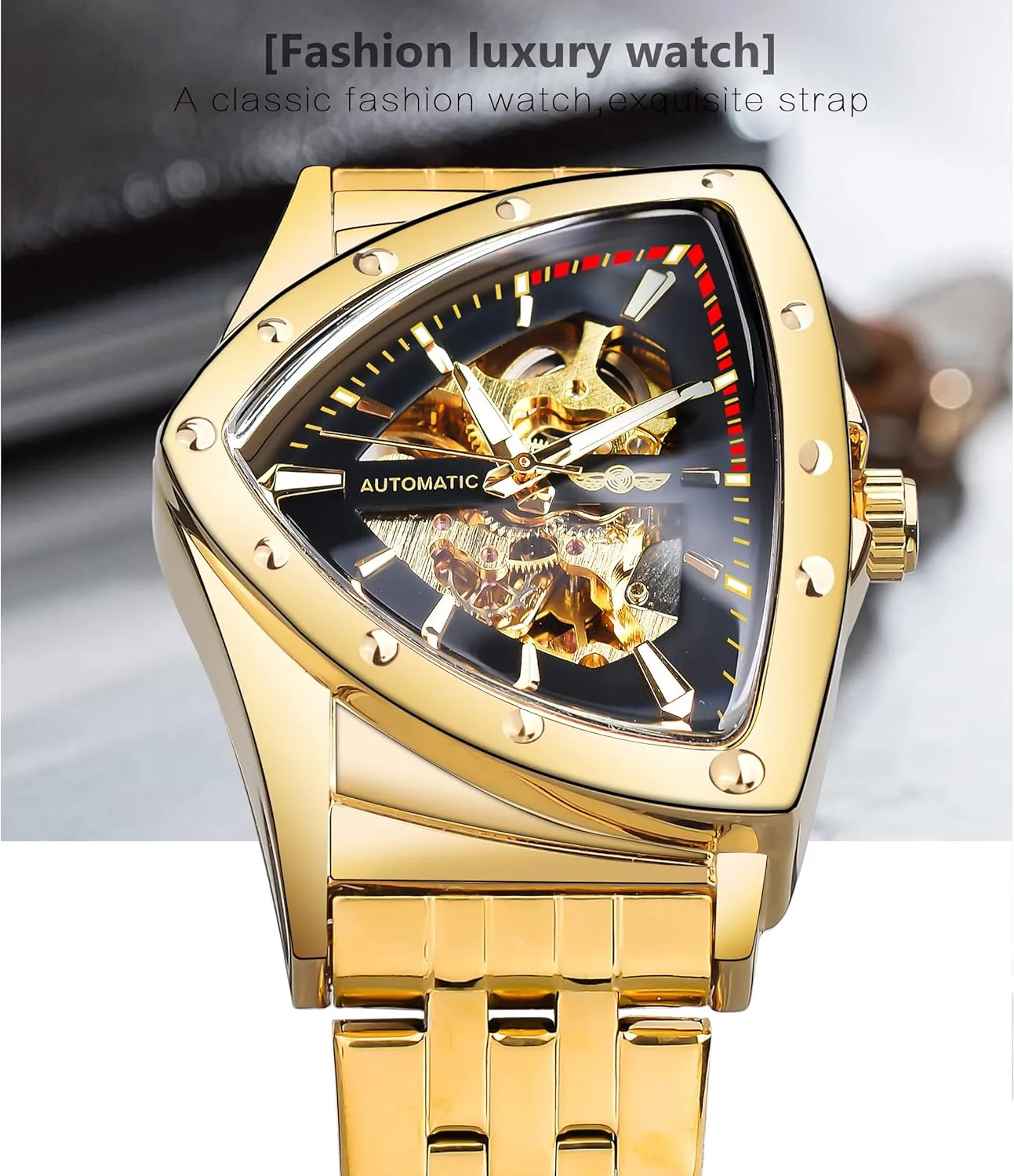 Watches for Men, Automatic Mechanical Watch with Triangle demonstration grade Dial, Luminous Self Winding Watches Stainless Steel Bracelet or Soft Silicone Strap FORSINING Skeleton 