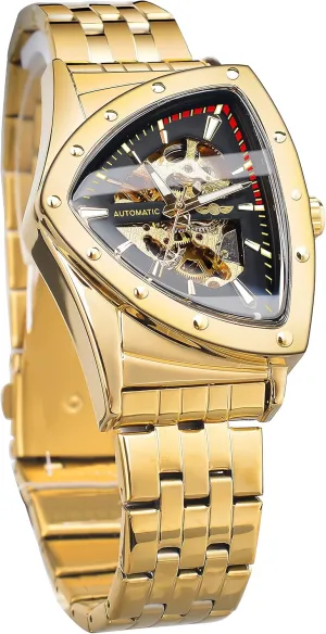 Watches for Men, Automatic Mechanical Watch with Triangle demonstration grade Dial, Luminous Self Winding Watches Stainless Steel Bracelet or Soft Silicone Strap FORSINING Skeleton 