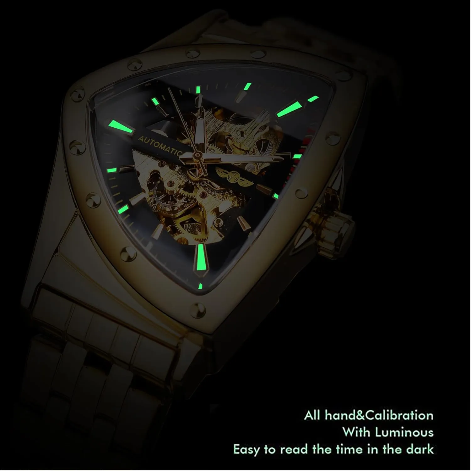Watches for Men, Automatic Mechanical Watch with Triangle demonstration grade Dial, Luminous Self Winding Watches Stainless Steel Bracelet or Soft Silicone Strap FORSINING Skeleton 