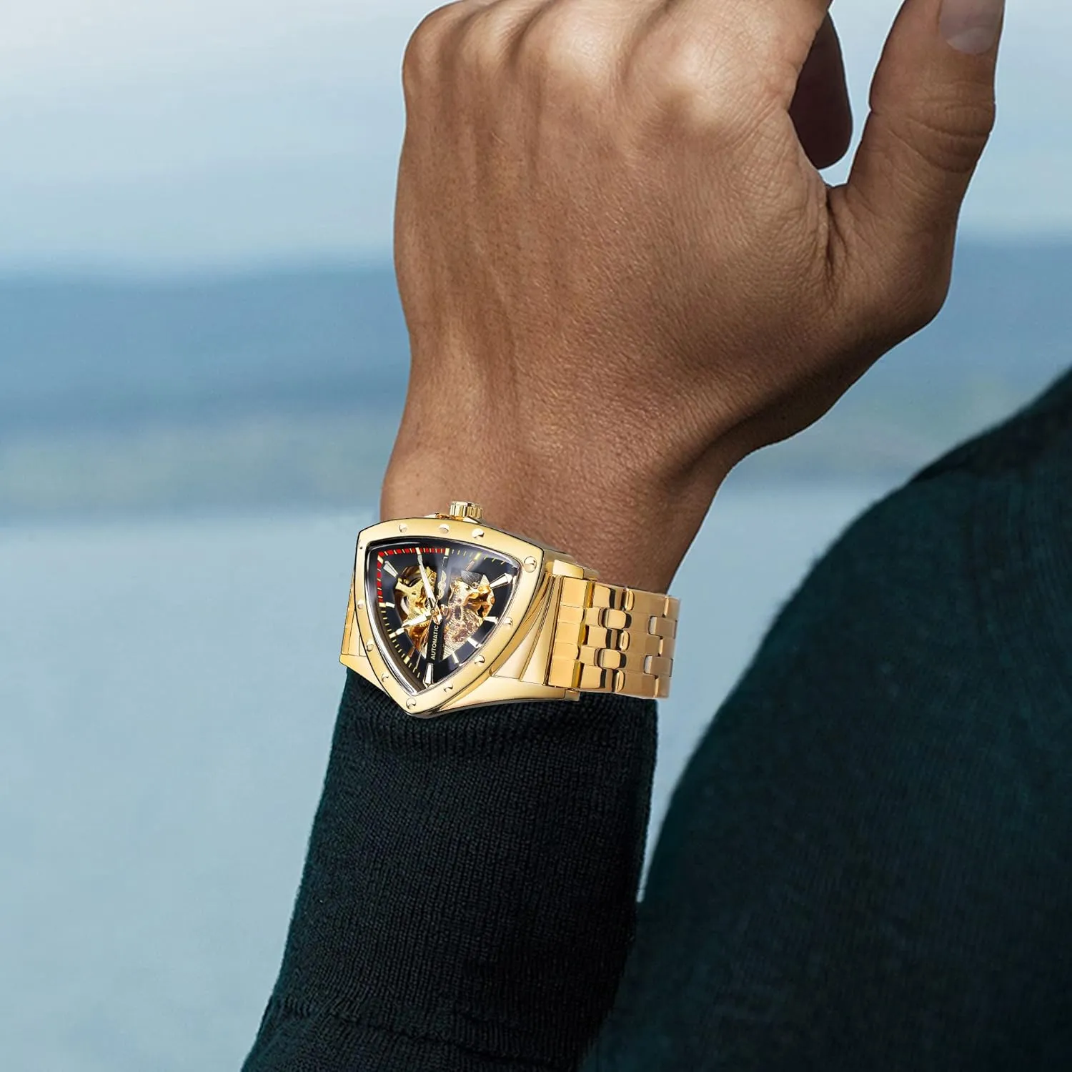 Watches for Men, Automatic Mechanical Watch with Triangle demonstration grade Dial, Luminous Self Winding Watches Stainless Steel Bracelet or Soft Silicone Strap FORSINING Skeleton 