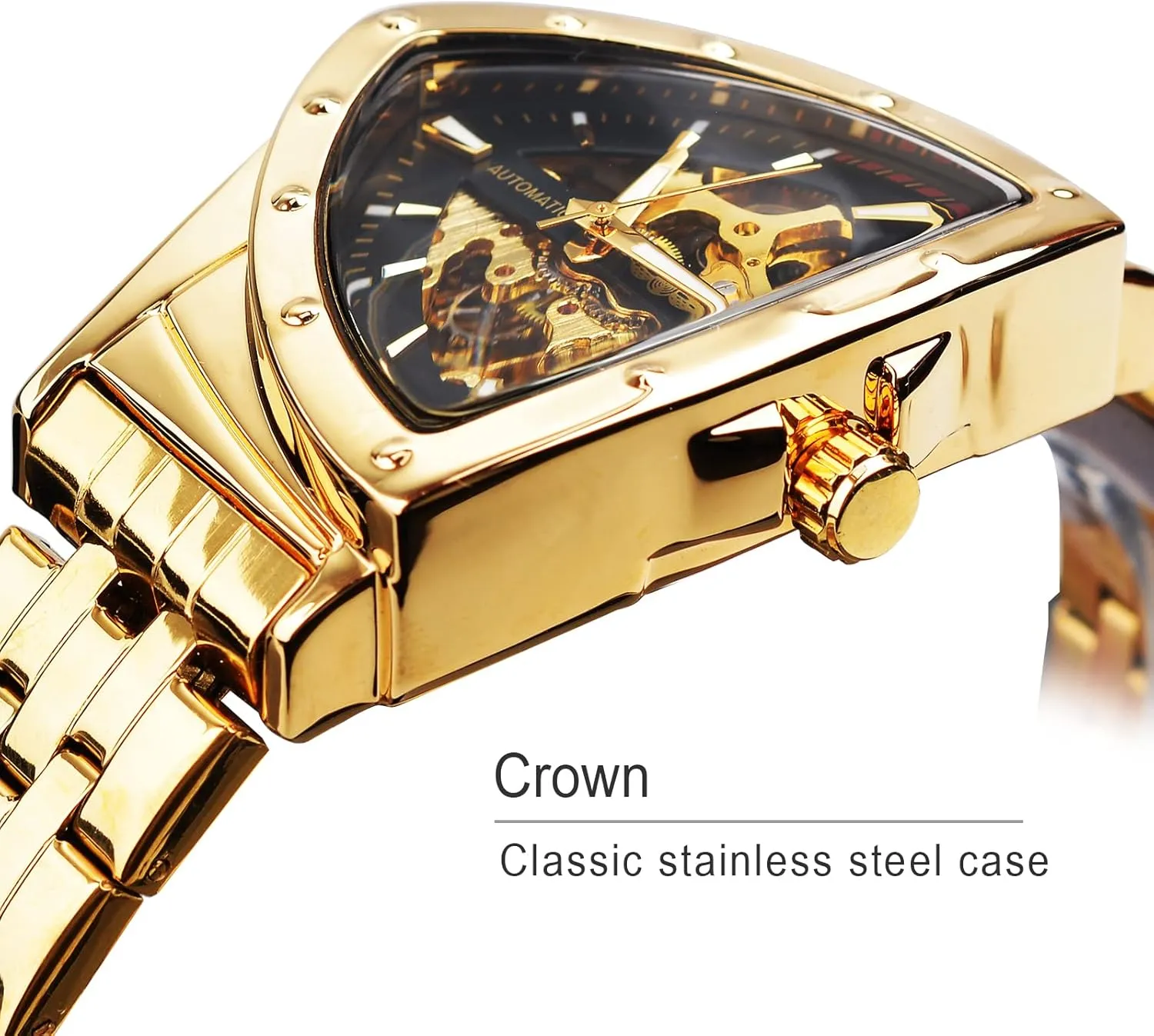 Watches for Men, Automatic Mechanical Watch with Triangle demonstration grade Dial, Luminous Self Winding Watches Stainless Steel Bracelet or Soft Silicone Strap FORSINING Skeleton 