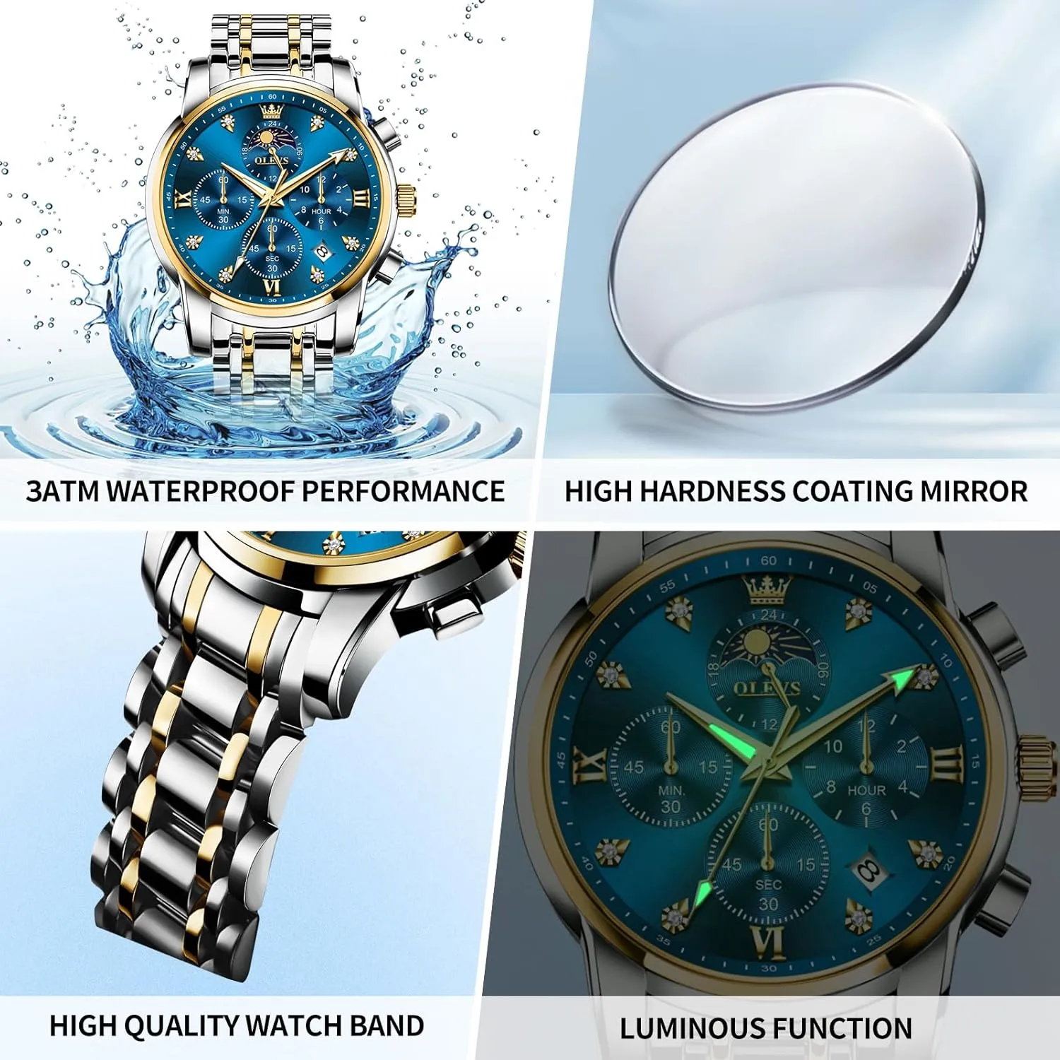 Watches for Men Dress Watch Chronograph Luxury Stainless Steel Big cliff Face Men Watches Multi-Function Easy to Read Diamond Roman Numerals Business Wristwatch Reloj para Hombre OLEVS 
