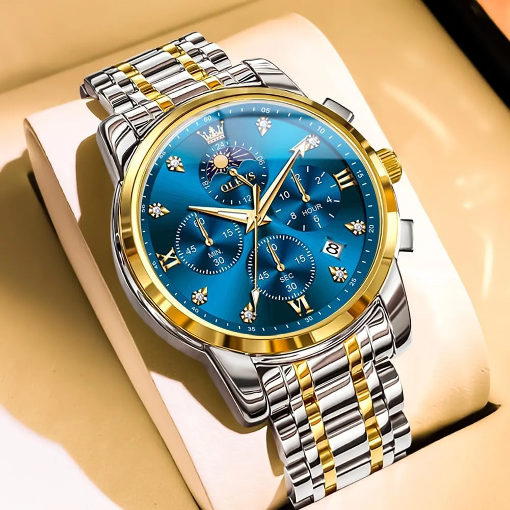 Watches for Men Dress Watch Chronograph Luxury Stainless Steel Big cliff Face Men Watches Multi-Function Easy to Read Diamond Roman Numerals Business Wristwatch Reloj para Hombre OLEVS 